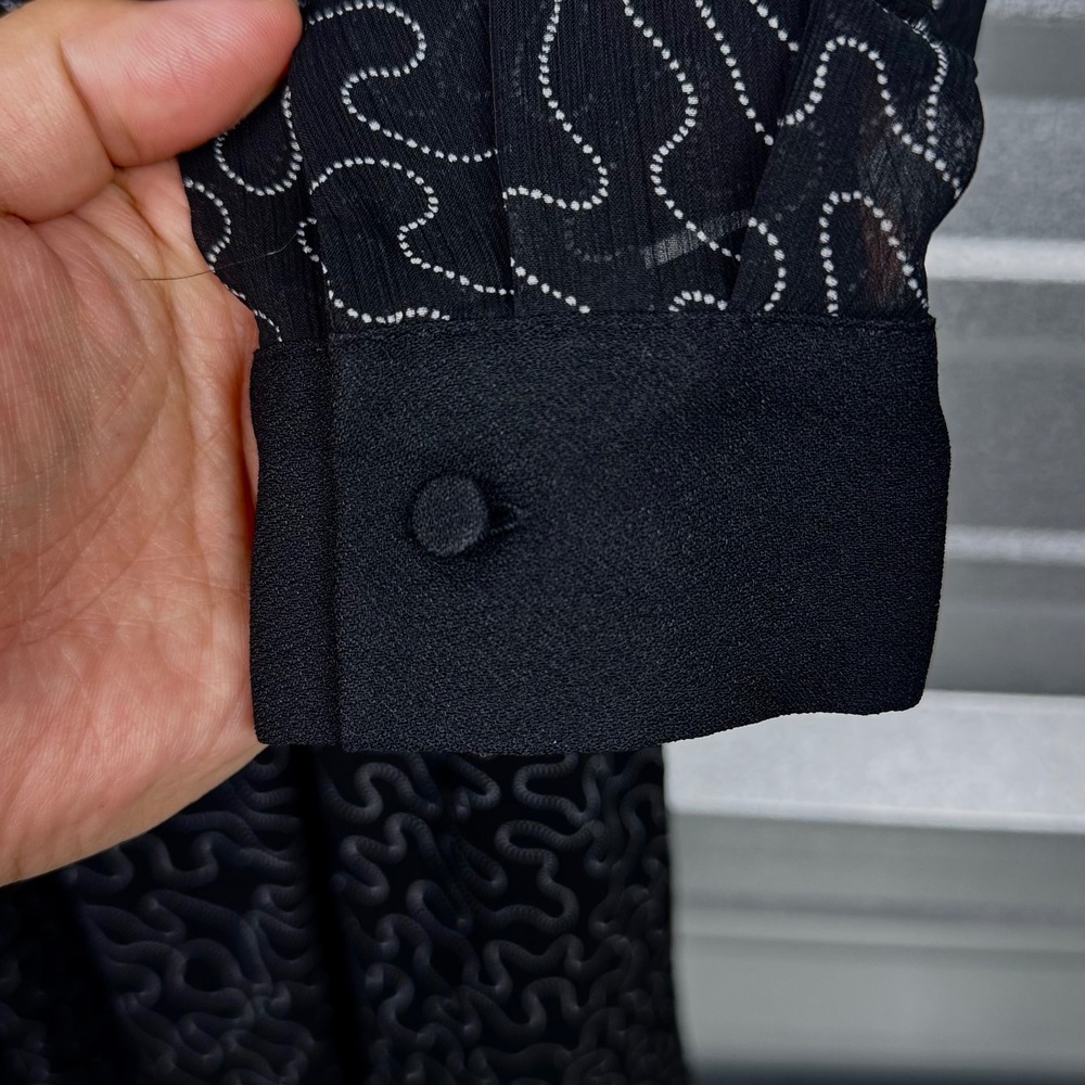 Club Monaco Black Abstract Print Chiffon Long Sleeve Drawstring Dress Size 6 - Picture 7 of 12